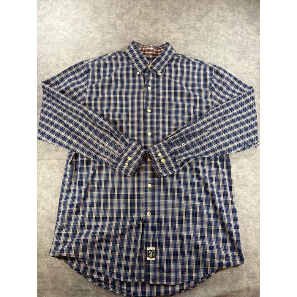 IZOD Heritage Tartan Men's Medium Blue Plaid Long Sleeve Button Down Shirt Cotto